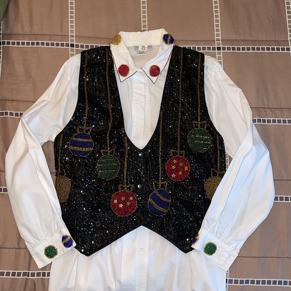 Christmas Vest w/matching white shirt, VINTAGE, Vest is All Beads (Front)